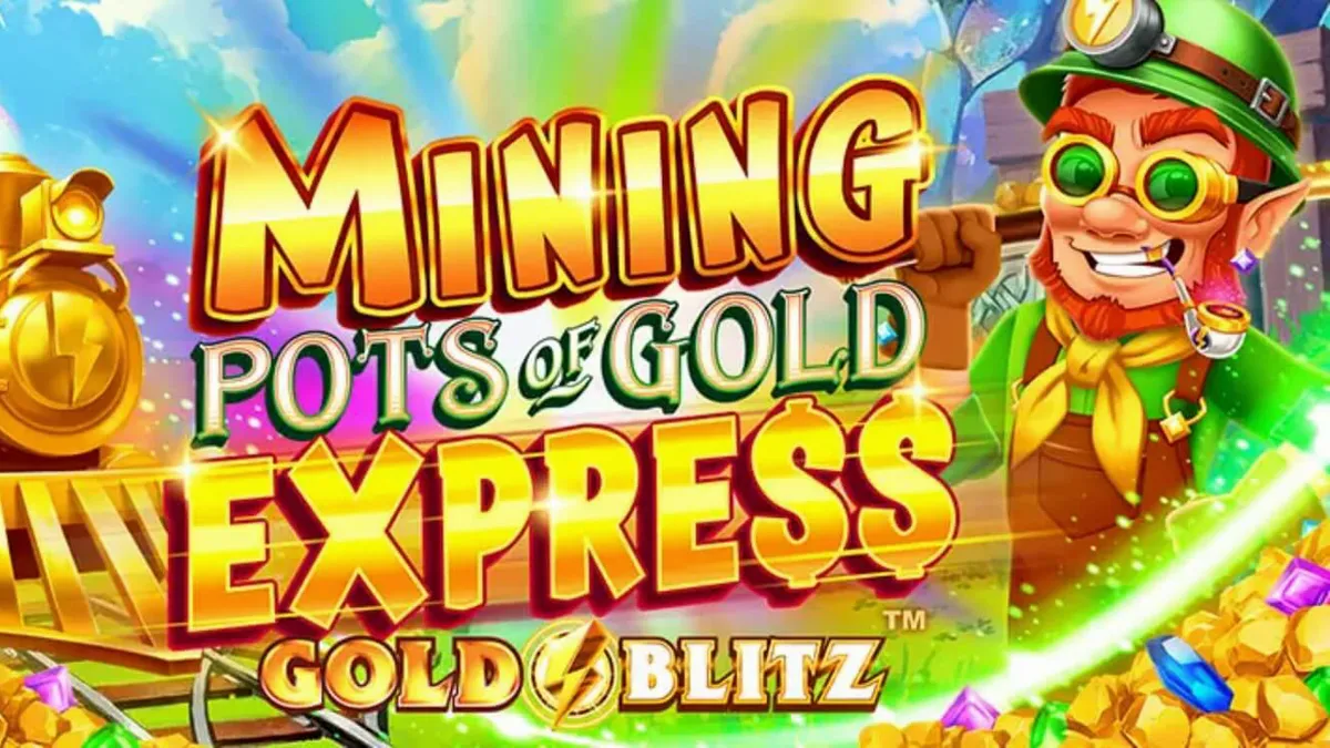 Lucky Lad Flynn berdiri di depan tambang emas dengan rel kereta api dan permata berkilauan di latar belakang slot Mining Pots of Gold Express Gold Blitz