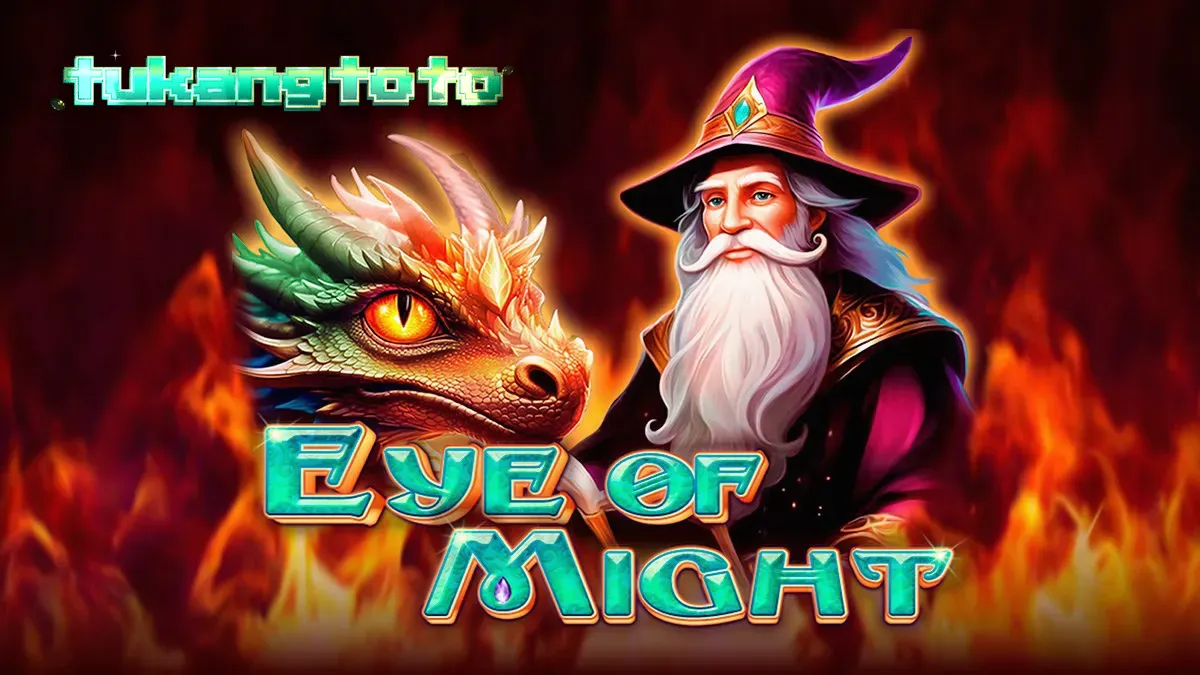 Tampilan visual slot fantasi Eye of Might dengan simbol naga dan penyihir